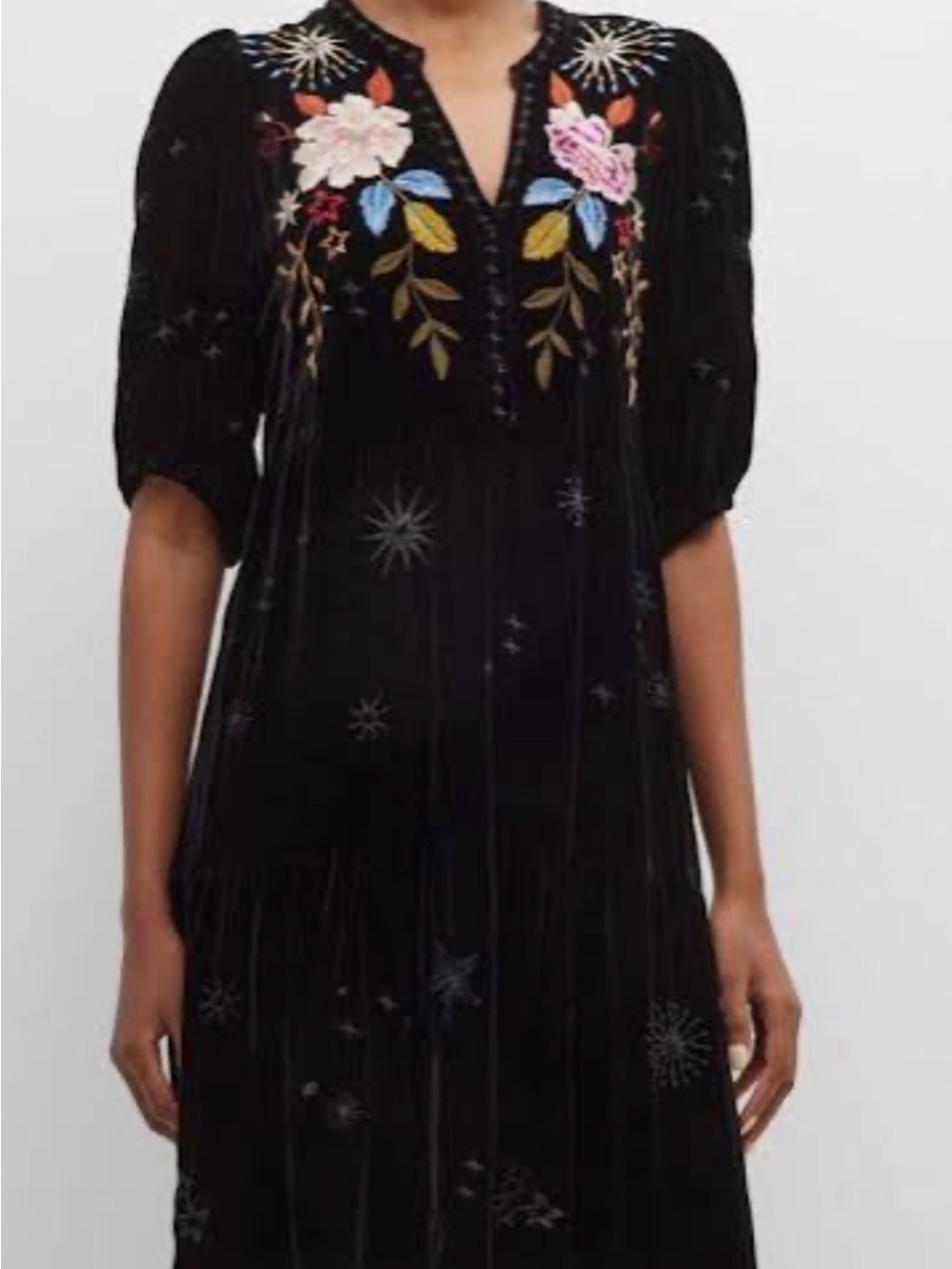 Johnny Was Celestin Velvet Puff Sleeve Silk-Blend Mini Dress $438 Sz M Moon Star
